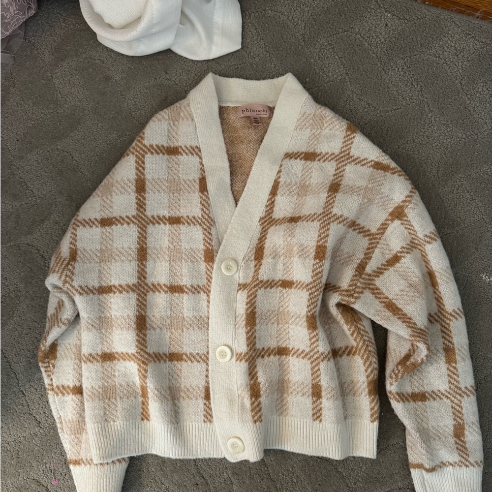 Philosophy Cream and Brown Checkered Cardigan. Never Worn.